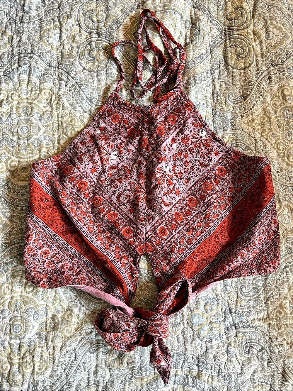 American Eagle Paisley Halter Tie-Front Top Red & Pink Medium